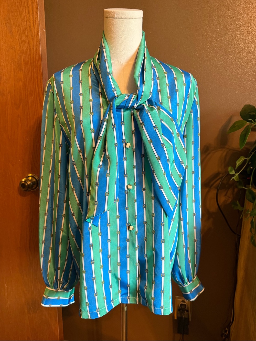 Silky Blue-Green Stripe Tie-Neck Blouse
